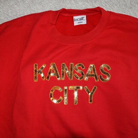 Women's Size Medium Kansas City Red Sweatshirt with Gold Glitter Stars Sequins - Picture 2 of 4